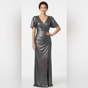 ELIZA J‎ SILVER METALLIC 80’s STYLE V-NECK  MAXI DRESS W: SHOULDER PADS